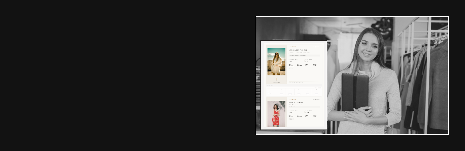 A brand representative in a showroom, with a live order form preview showing the Cotton Dress with Belt and Floral Print Dress styles.